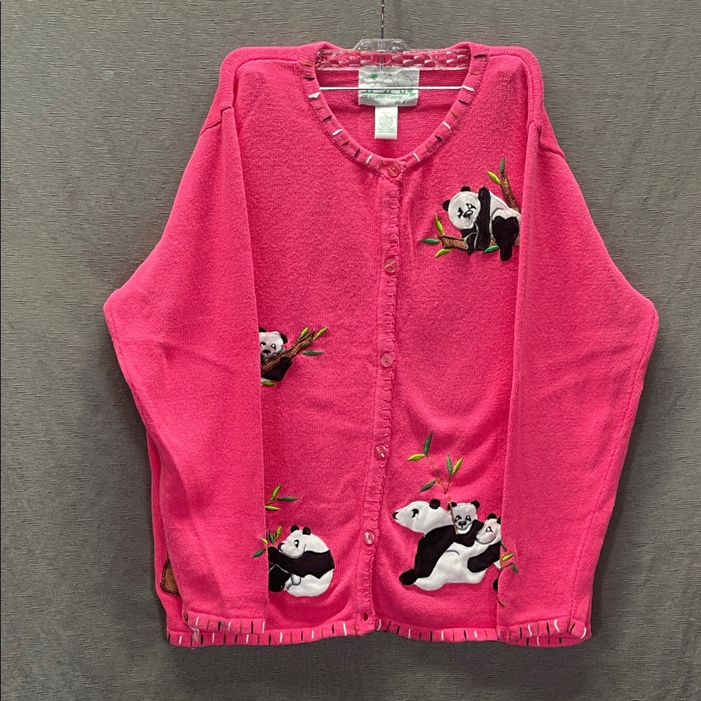 Quacker Factory Pink embroidered Sweater with Panda Design